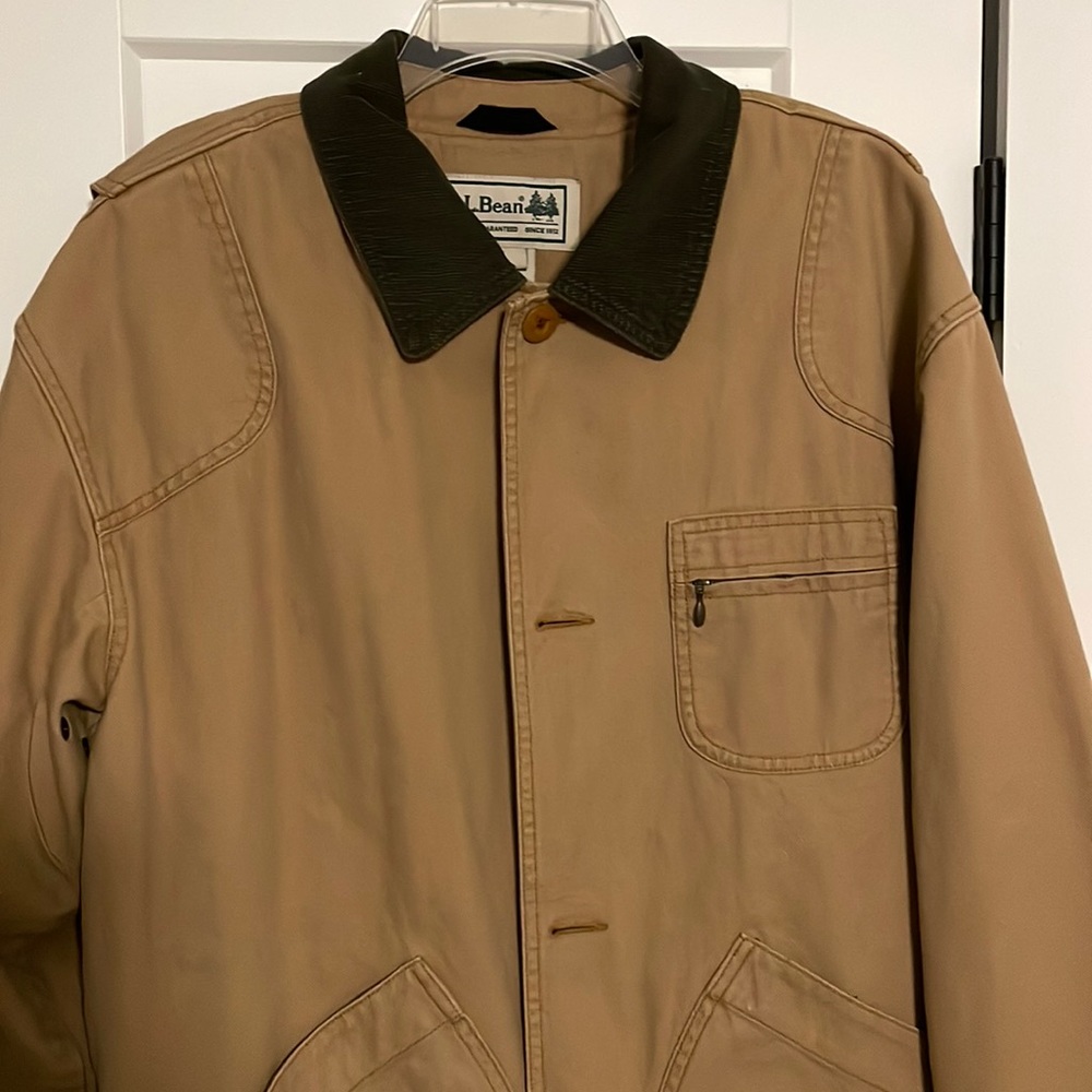 LL Bean Mens Large Plaid Canvas Field Coat, Tan